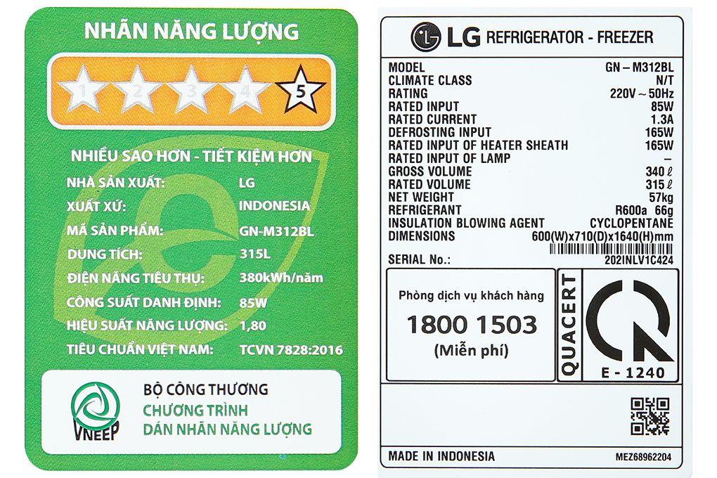 Tủ lạnh LG Inverter 315 lít GN-M312BL (2 cánh)