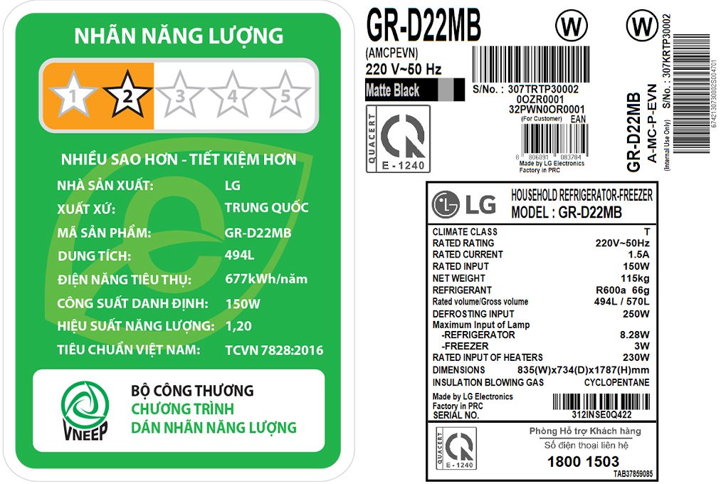 Tủ lạnh LG Inverter 494 lít GR-D22MB (4 cánh)