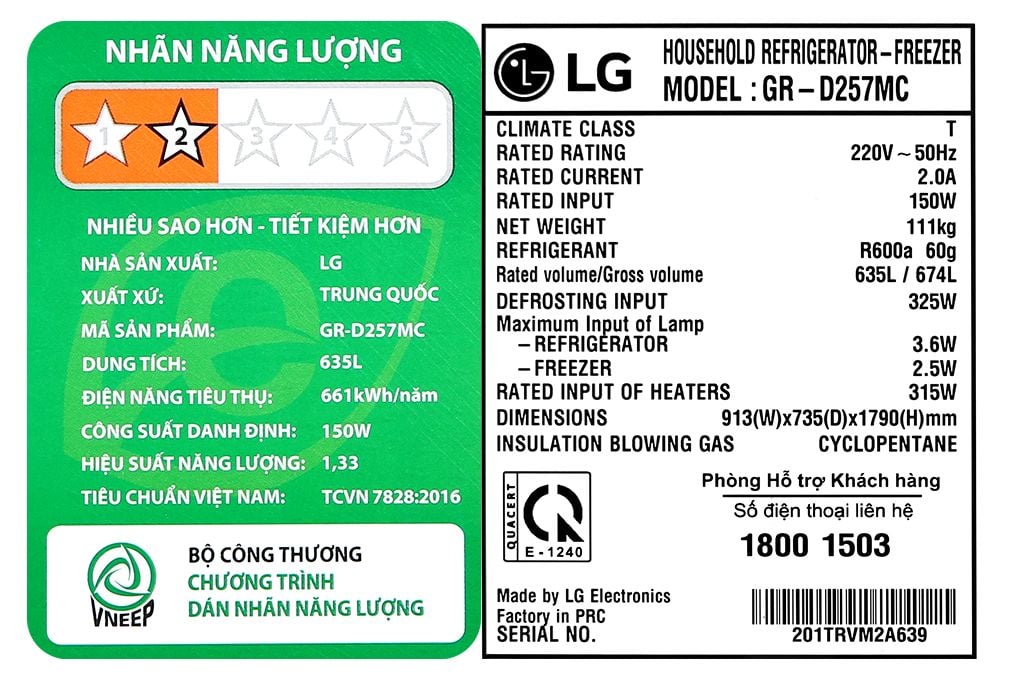 Tủ lạnh LG Inverter 635 lít GR-D257MC (2 cánh)