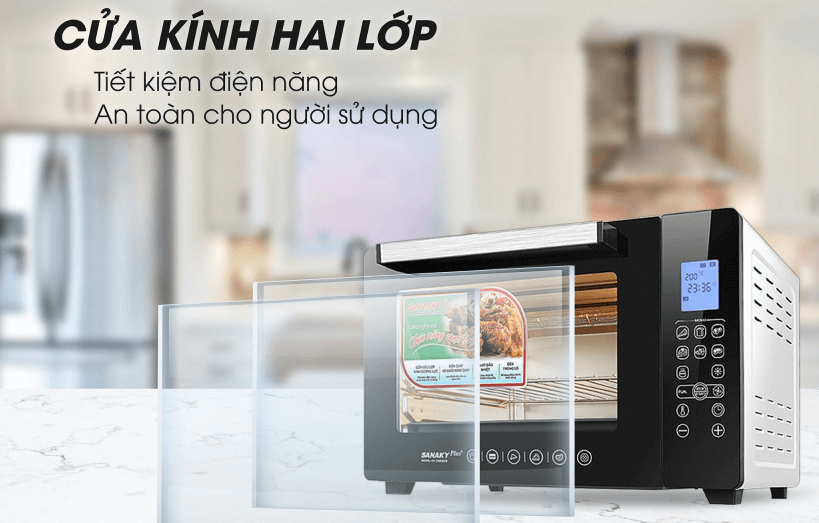 Cửa kính của lò nướng Sanaky 50 lít VH 5088S2D được thiết kế 2 lớp, có khả năng chịu nhiệt, chịu lực tốt