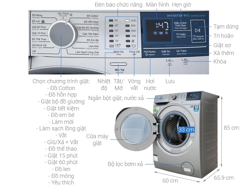 Máy giặt Electrolux Inverter 9 kg EWF9024ADSA