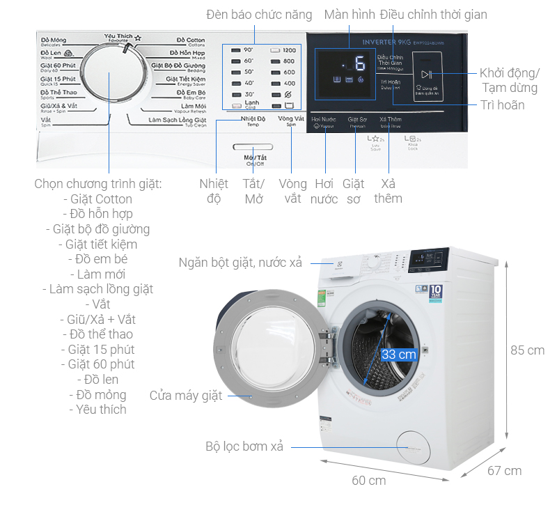 Máy giặt Electrolux Inverter 9 kg EWF9024BDWB