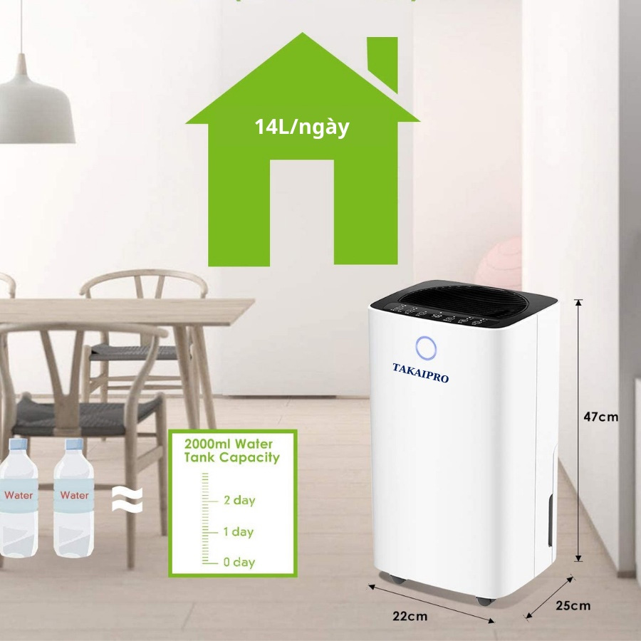 Máy hút ẩm gia đình Takai Pro TKD14-OL sở hữu màu trắng trang nhã, kích thước gọn gàng
