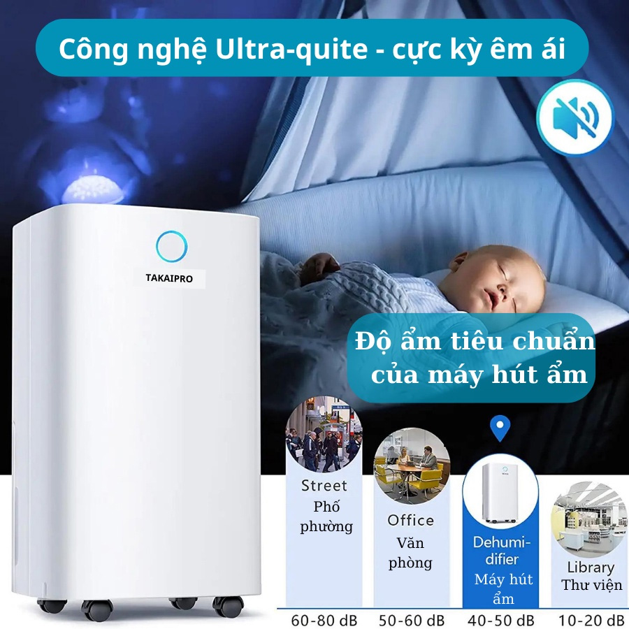 Máy hút ẩm và lọc không khí TKD14-OL của Takai Pro hoạt động yên tĩnh