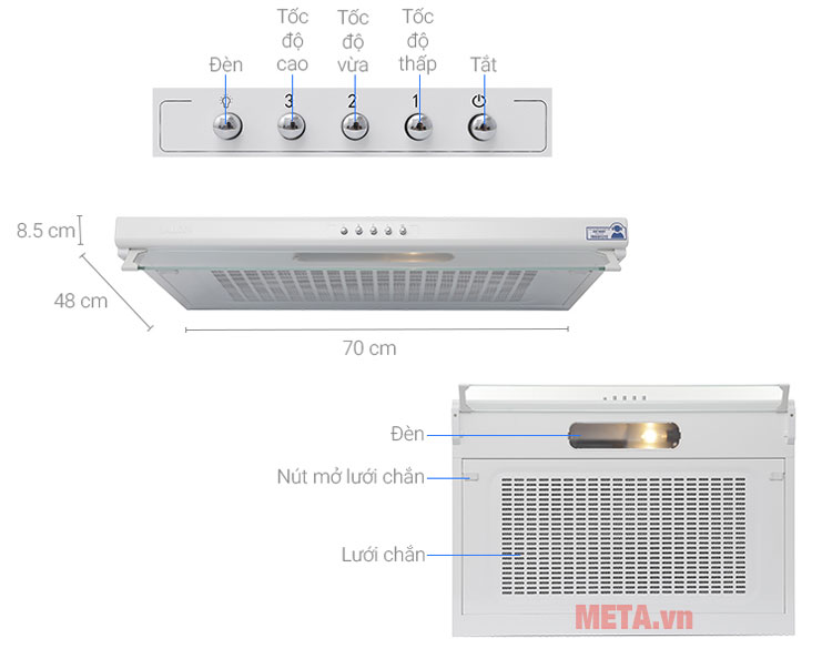Kích thước và cấu tạo máy hút mùi Malloca H107W máy hút mùi Malloca H107W