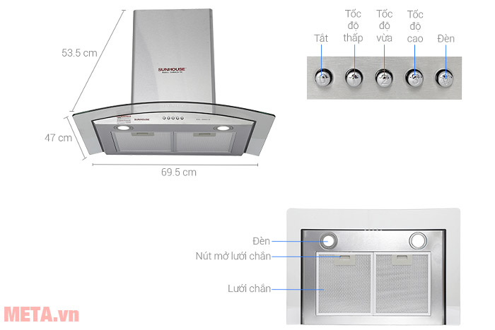 Cấu tạo Máy hút mùi kính cong Sunhouse SHB6629-70C Cấu tạo máy hút mùi kính cong