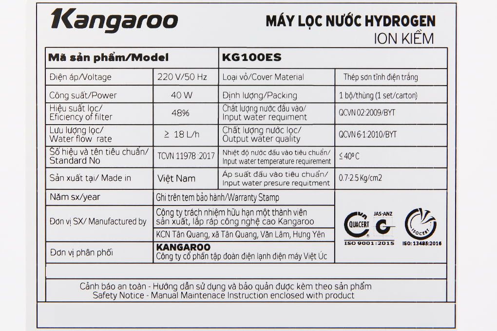 Máy lọc nước Kangaroo Hydrogen ion kiềm KG100ES