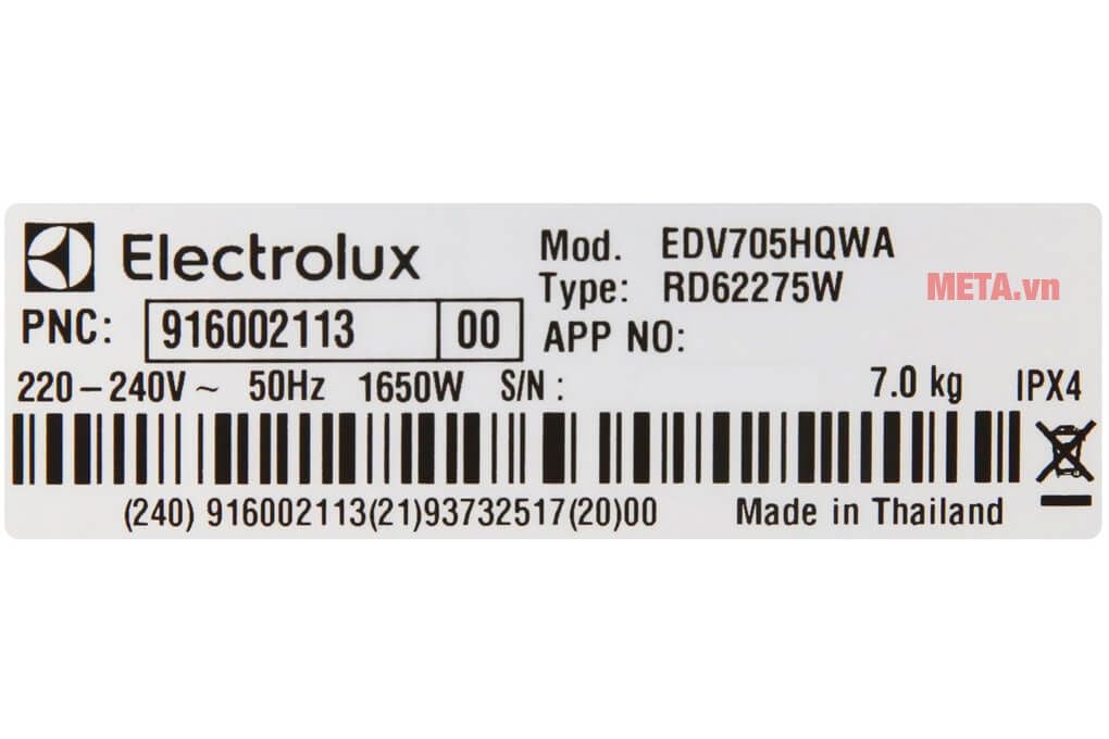 Máy sấy quần áo Electrolux EDV705HQWA 7kg