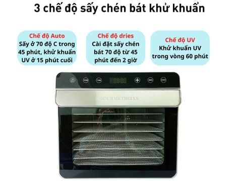 Máy sấy thực phẩm Gourmetmaxx GM-08/SS-08B (8 khay, đèn UV diệt khuẩn, sấy chén bát)