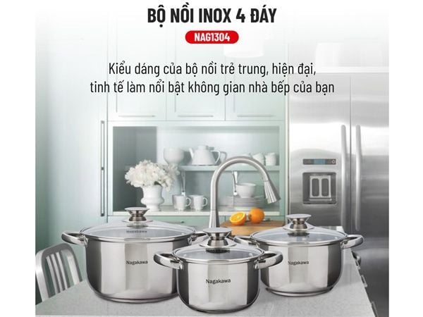 Bộ 3 nồi inox 4 đáy Nagakawa NAG1304 (16cm, 20cm, 24cm)