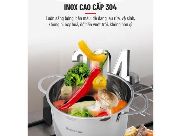 Bộ 3 nồi inox 304 cao cấp 5 lớp đáy từ Nagakawa NAG1351 (16cm, 20cm, 24cm)