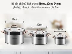 Bộ 3 nồi inox cao cấp 5 đáy Nagakawa NAG1352 (16cm, 20cm, 24cm)