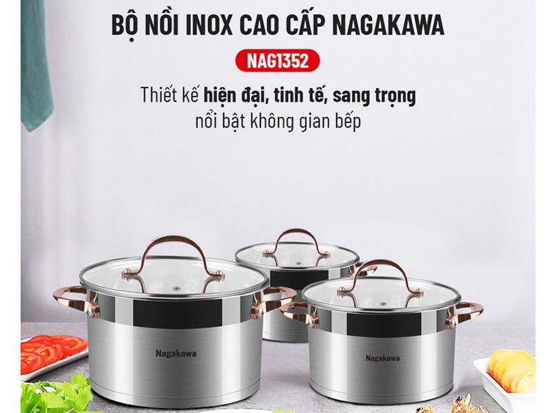 Bộ 3 nồi inox cao cấp 5 đáy Nagakawa NAG1352 (16cm, 20cm, 24cm)