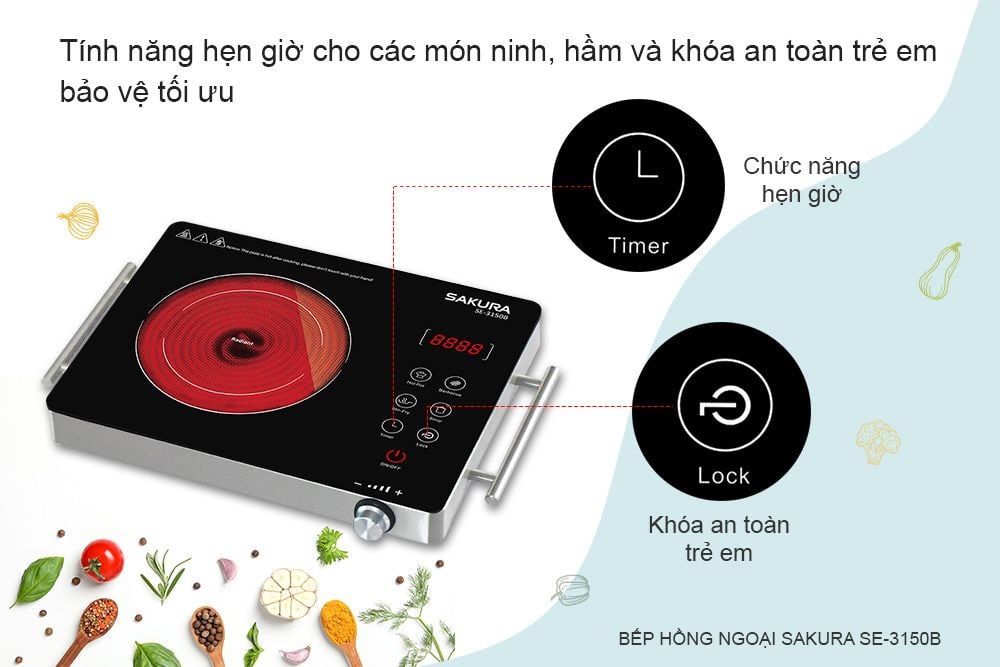 Trang bị chức năng khóa trẻ em và hẹn giờ Trang bị chức năng khóa trẻ em và hẹn giờ
