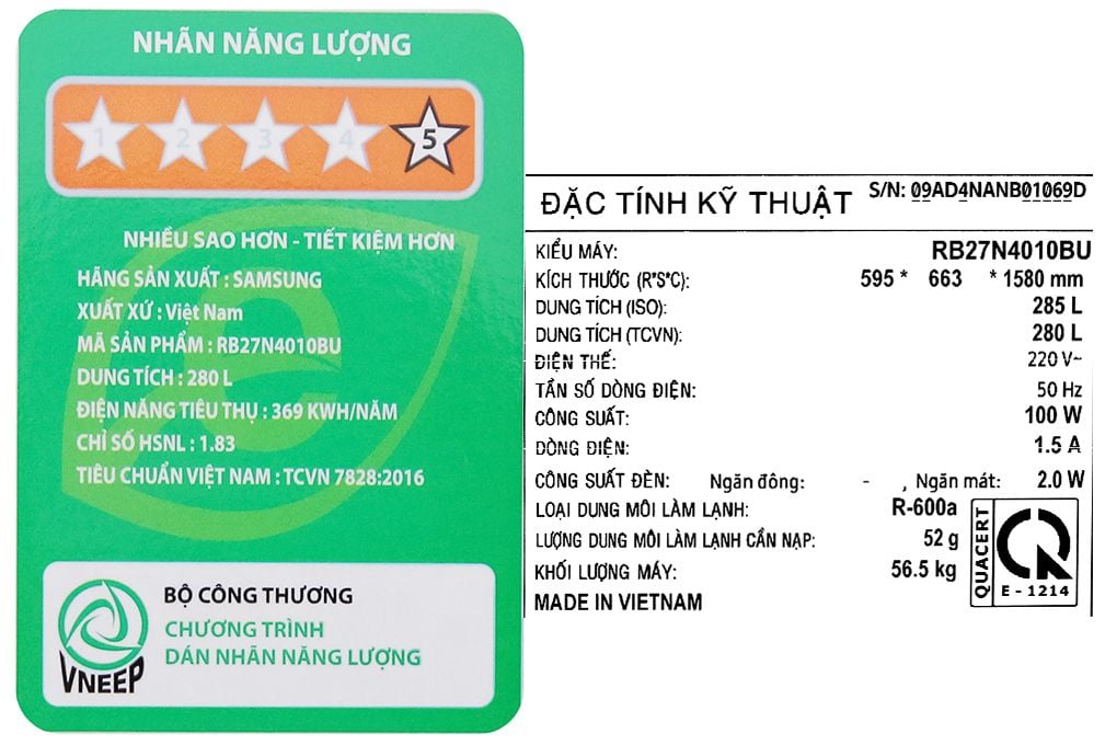 Tủ lạnh Samsung Inverter 280 lít RB27N4010BU/SV (2 cánh)