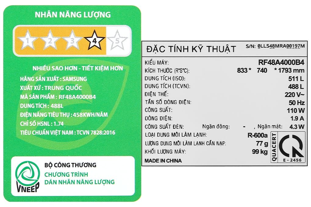 Tủ lạnh Samsung Inverter 488 lít RF48A4000B4/SV (4 cánh)