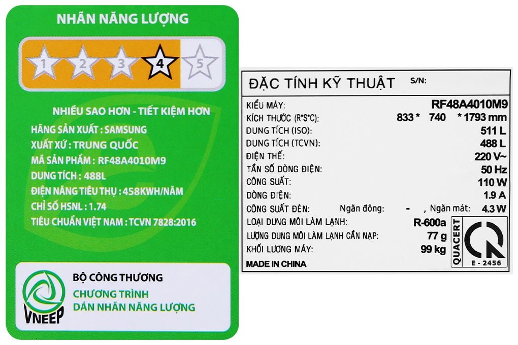 Tủ lạnh Samsung Inverter 488 lít RF48A4010M9/SV (4 cánh)