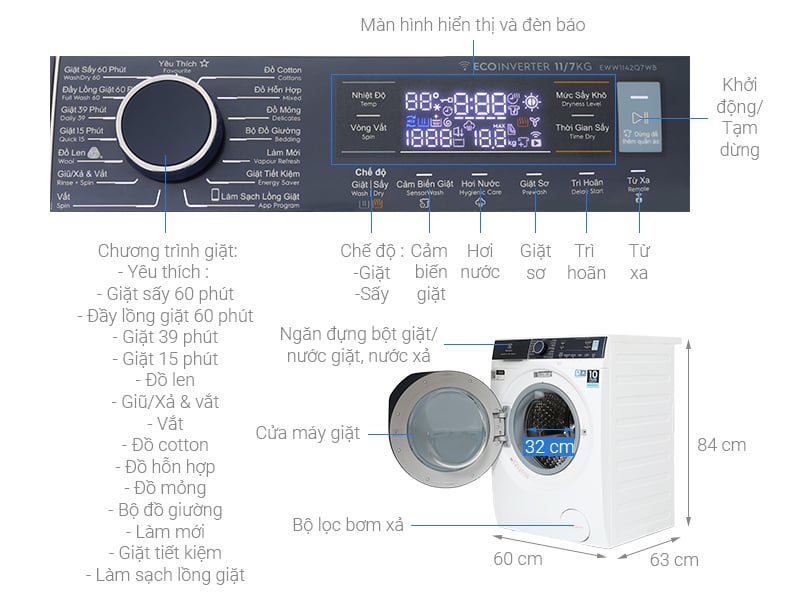 Máy giặt sấy Electrolux Inverter 11 kg EWW1142Q7WB