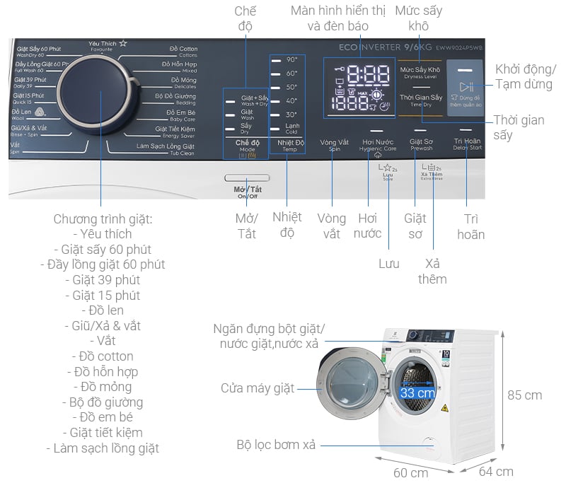 Máy giặt sấy Electrolux Inverter 9 kg EWW9024P5WB