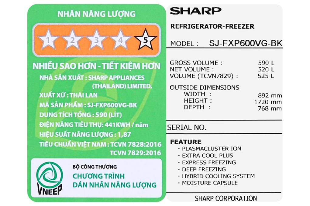 Tủ lạnh Sharp Inverter 525 lít SJ-FXP600VG-BK (4 cánh)