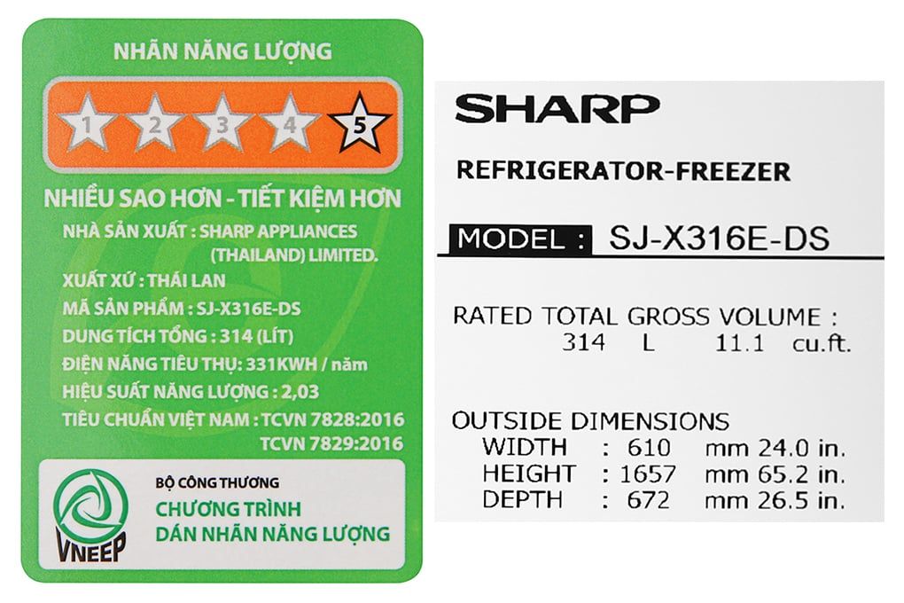 Tủ lạnh Sharp Inverter 287 lít SJ-X316E-DS (2 cánh)