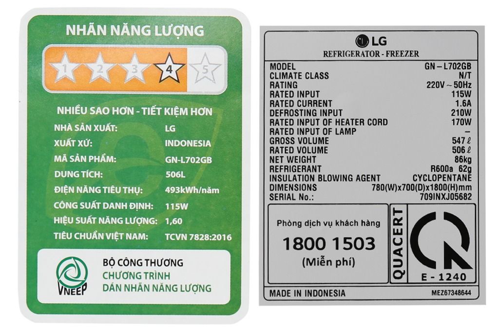 Tủ lạnh LG Inverter 506 lít GN-L702GB (2 Cánh)