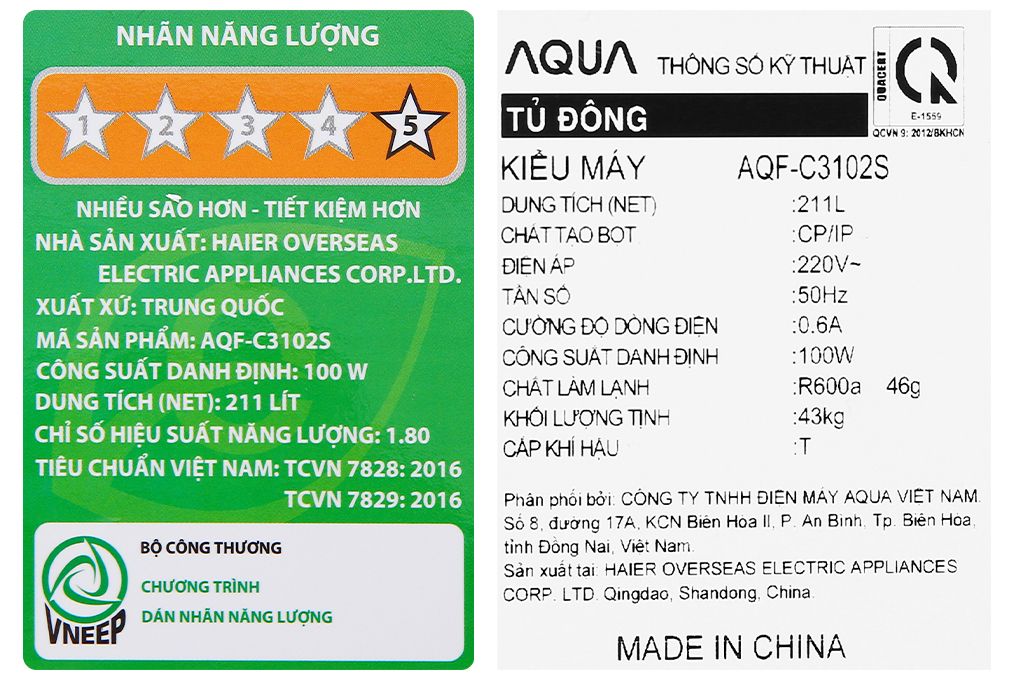 Tủ đông 2 ngăn 2 cửa Aqua 211 lít AQF-C3102S