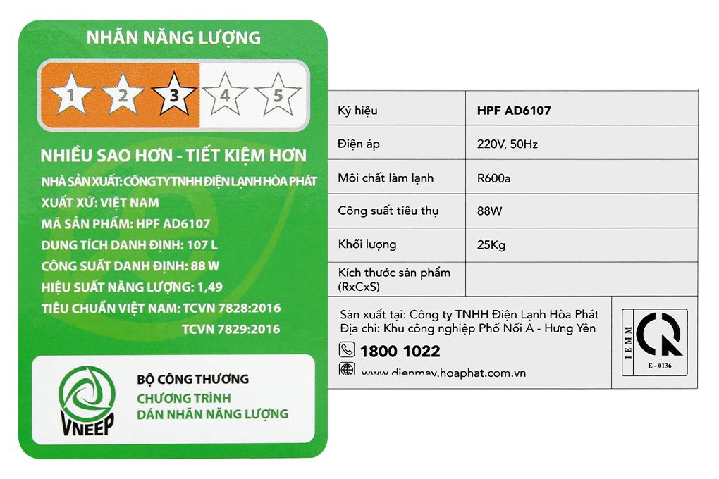 Tủ đông Hòa Phát 107 lít HPF AD6107