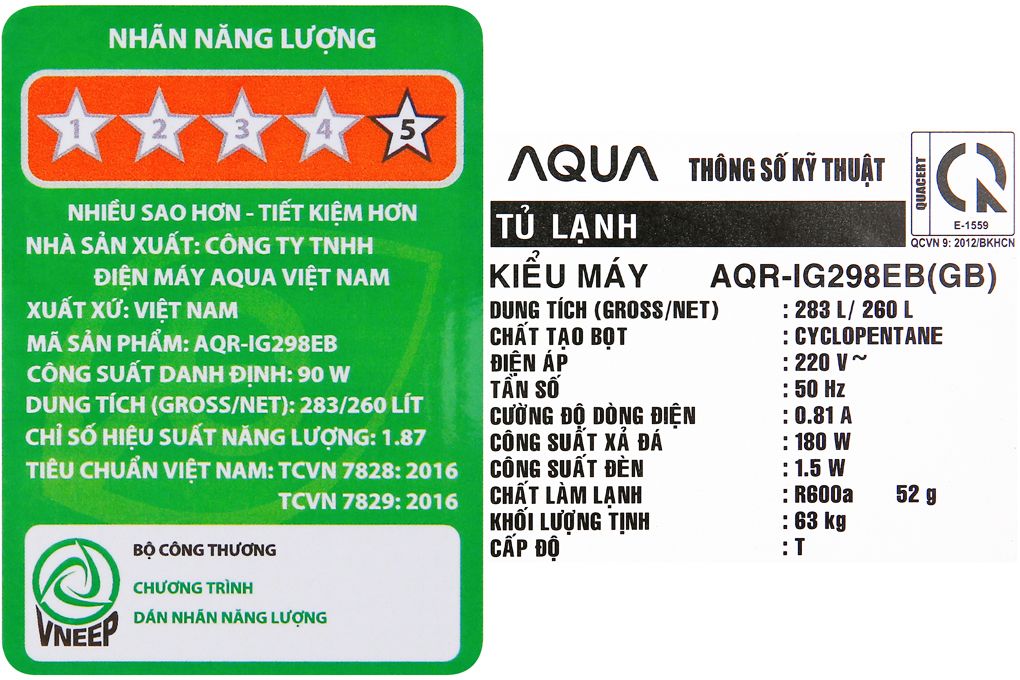 Tủ lạnh Aqua Inverter 260 lít AQR-IG298EB GB (2 cánh)