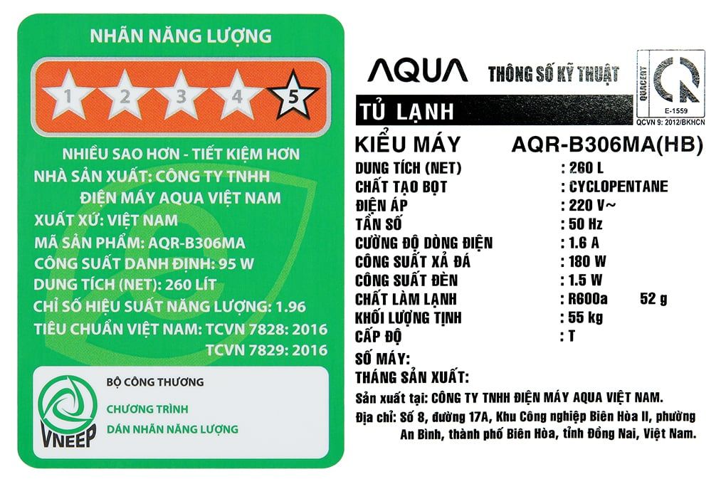 Tủ lạnh Aqua Inverter 260 lít AQR-B306MA HB (2 cánh)