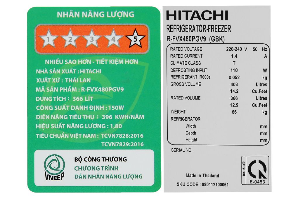 Tủ lạnh Hitachi Inverter 366 lít R-FVX480PGV9 GBK (2 cánh)