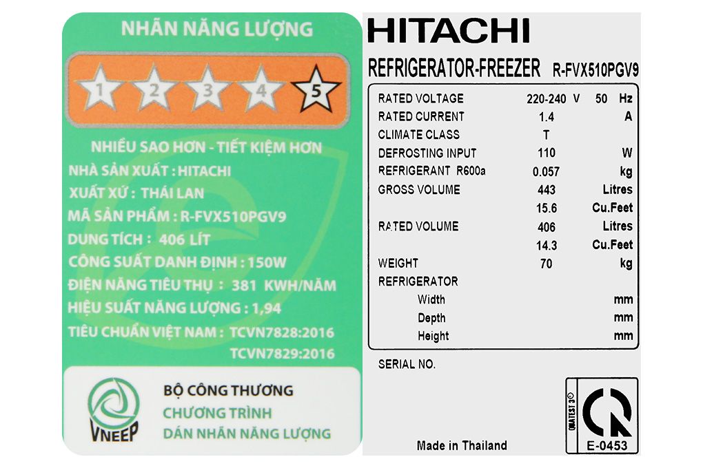 Tủ lạnh Hitachi Inverter 406 lít R-FVX510PGV9 GBK (2 cánh)