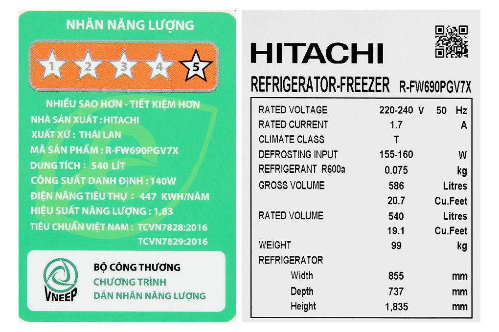 Tủ lạnh Hitachi Inverter 540 lít R-FW690PGV7X GBK (4 cánh)