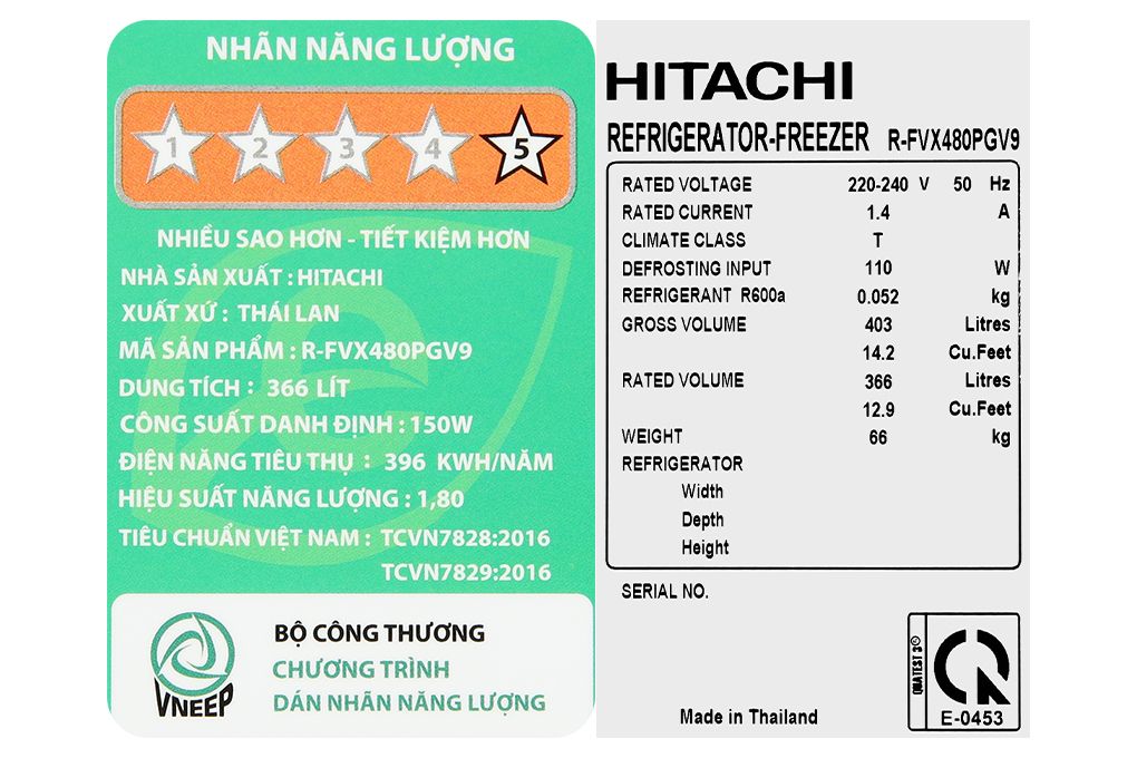 Tủ lạnh Hitachi Inverter 366 lít R-FVX480PGV9 MIR (2 cánh)