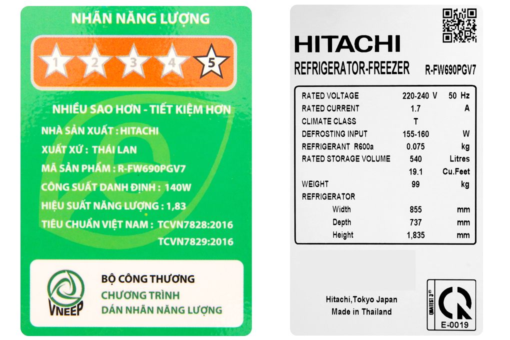 Tủ lạnh Hitachi Inverter 540 lít R-FW690PGV7 GBW (4 cánh)