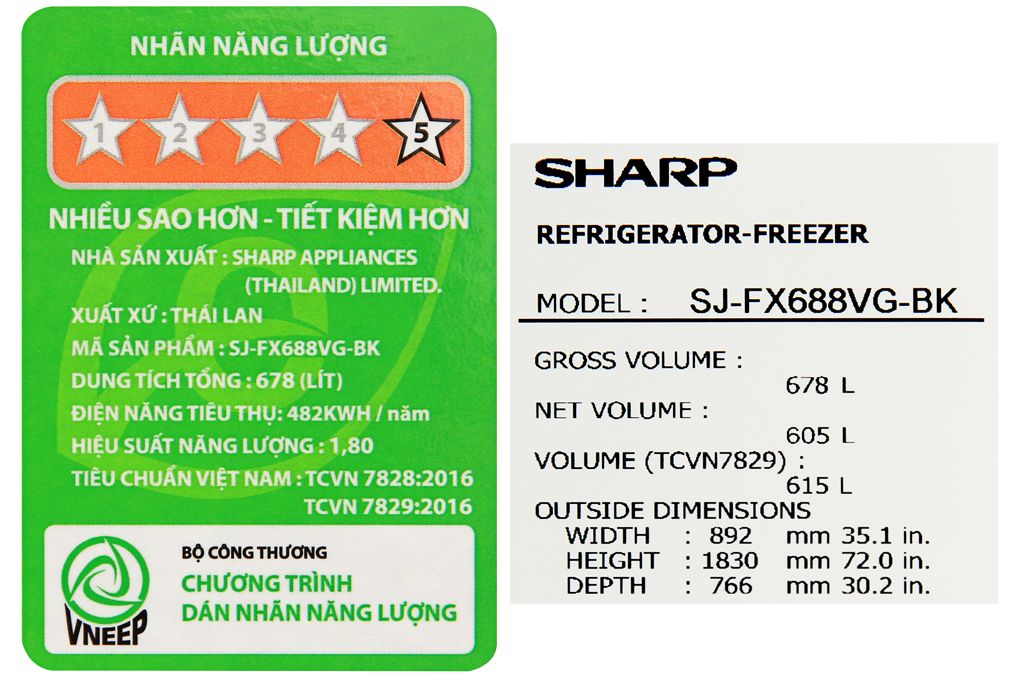 Tủ lạnh Sharp Inverter 605 lít SJ-FX688VG-BK (4 cánh)