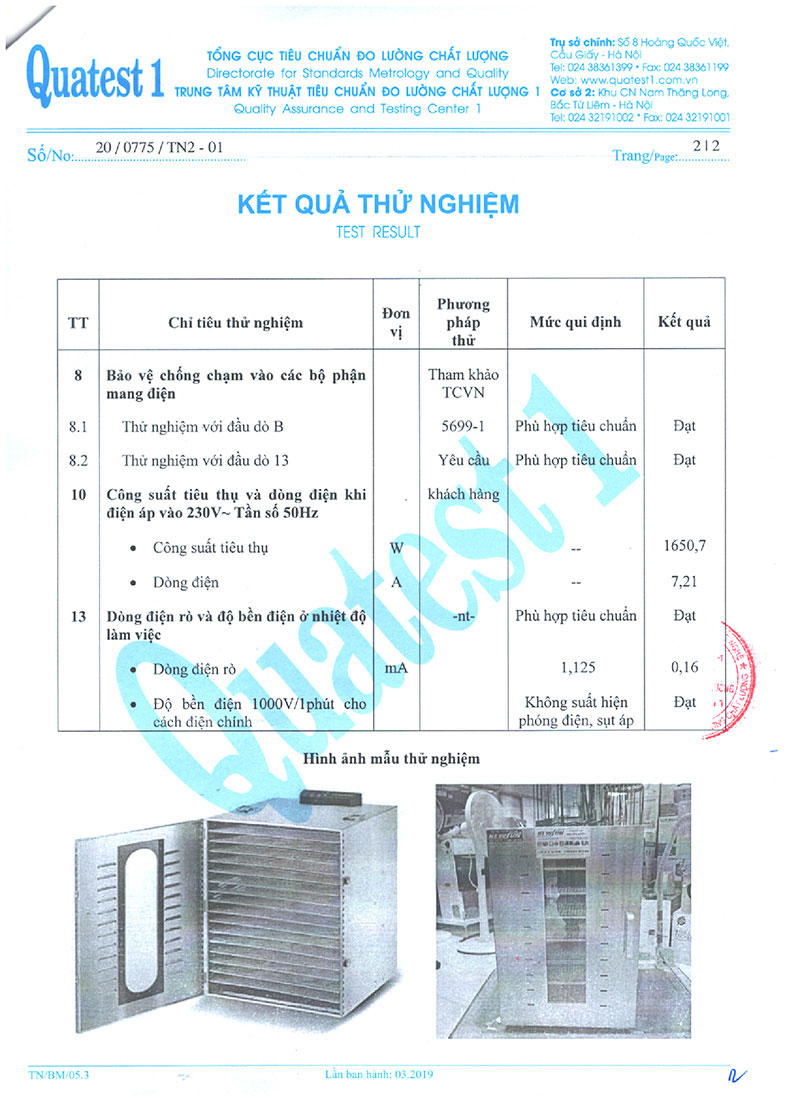 Kết quả thử nghiệm tủ sấy thực phẩm New Sun