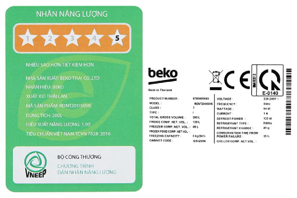 Tủ lạnh Beko Inverter 188 lít RDNT201I50VK
