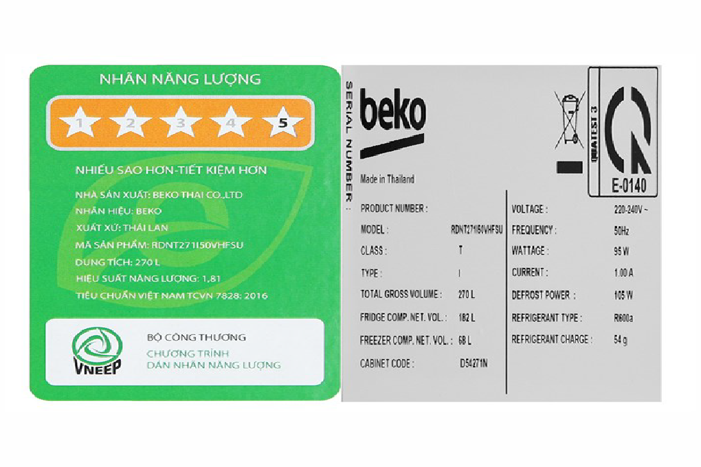 Tủ lạnh Beko Inverter 250 lít RDNT271I50VHFSU