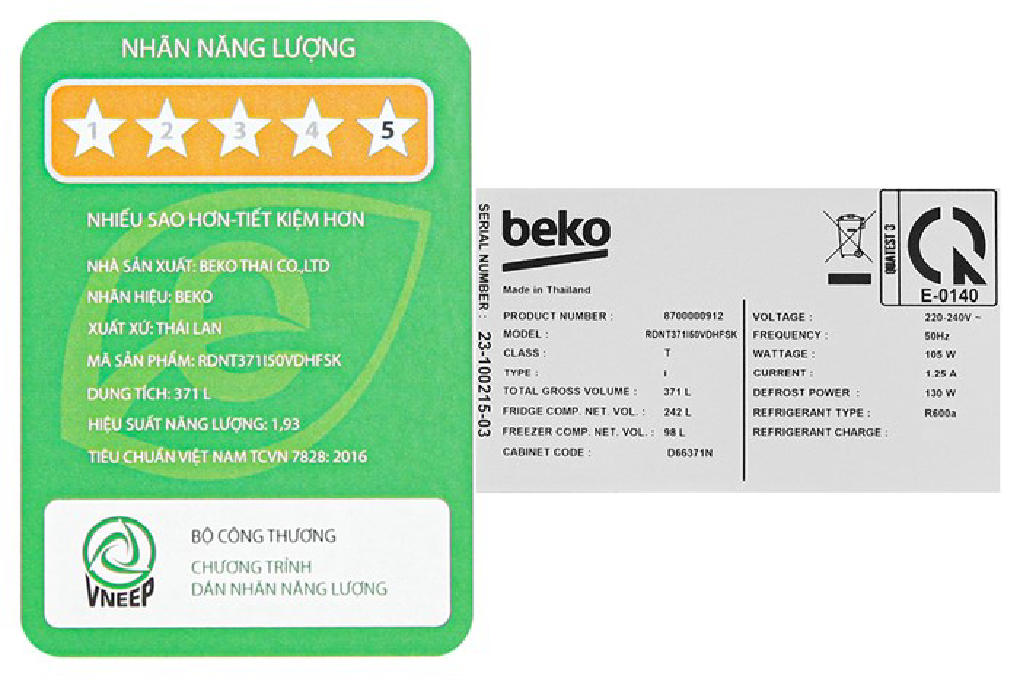 Tủ lạnh Beko Inverter 340 lít RDNT371I50VDHFSK