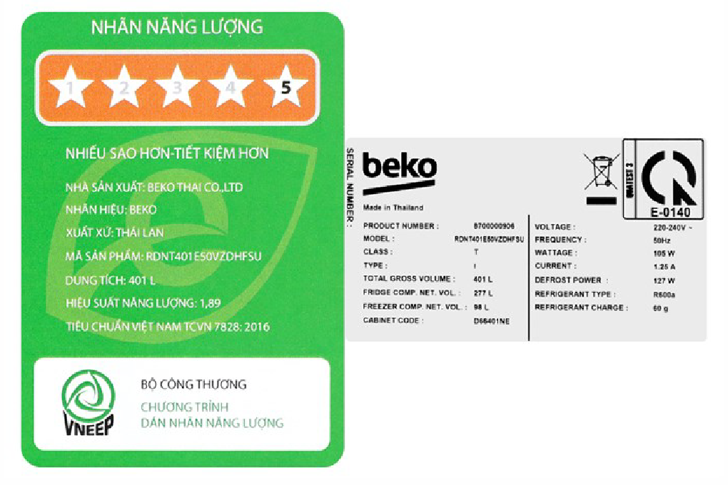 Tủ lạnh Beko Inverter 375 lít RDNT401E50VZDHFSU