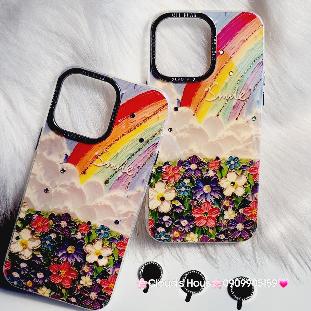 Case Ốp điện thoại iPhone Vườn hoa Cầu vồng Hologram Smile Kèm bảo vệ camera iPhone 11/12/13/14/15/Pro/Plus/Promax