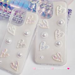 Case Ốp điện thoại iPhone Bling Bling icon Trái Tim ngọc trai nổi iPhone 11/12/13/14/Pro/Promax