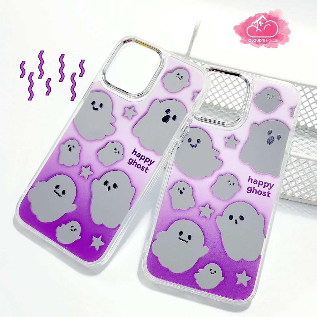 Case Ốp điện thoại iPhone Happy Ghost Tím gương viền mỏng iPhone 11/12/13/14/Pro/Promax