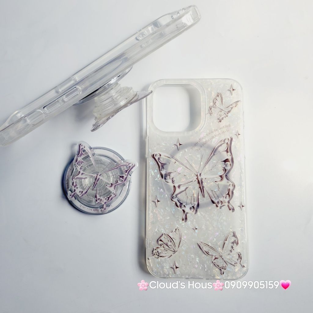 Case Ốp điện thoại iPhone Magsafe Bướm Đen Ánh Xà Cừ Trắng Kèm Popsocket Nam Châm iPhone 11/12/13/14/15/Pro/Promax