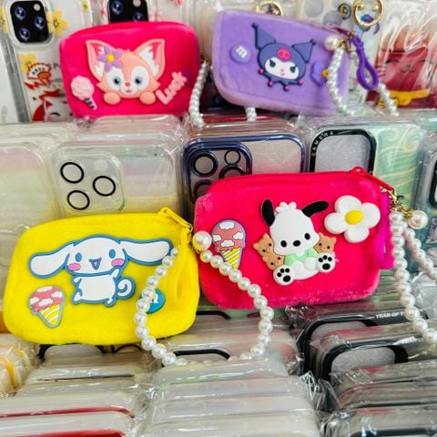Bóp Móc Khóa Sanrio Kuromi Cinnamoroll LinaBell Snoopy Kèm Charm Ngọc Trai