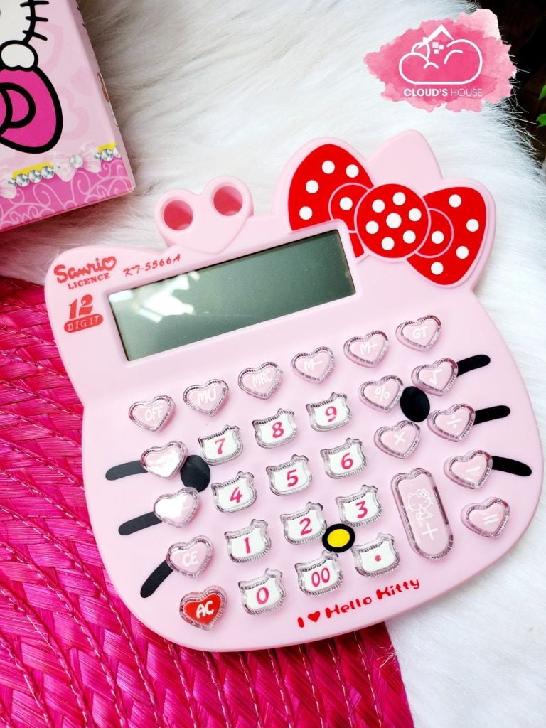 Máy Tính Hello Kitty Màu Hồng Nhạt Nơ Đỏ Chấm Bi Mặt Tròn Mũi Heo Số bóng