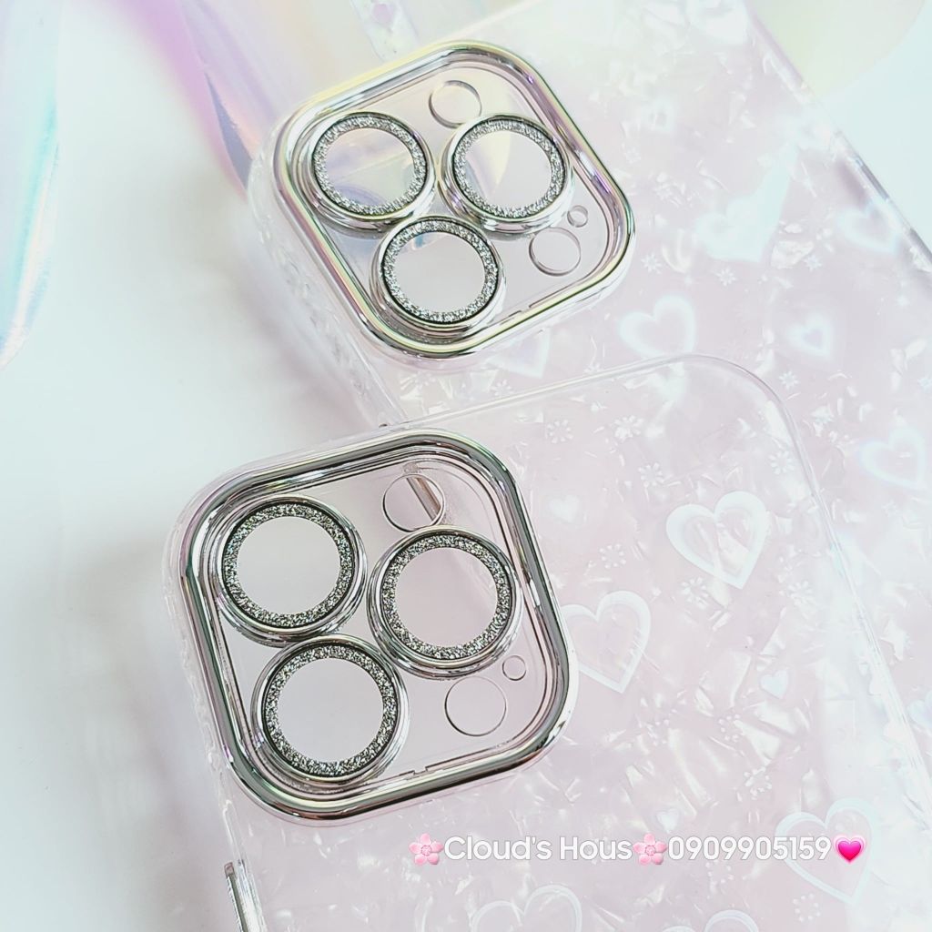 Case Ốp điện thoại iPhone Tim Hồng Ánh Xà Cừ Đính đá bảo vệ camera iPhone 11/12/13/14/15/Pro/Promax