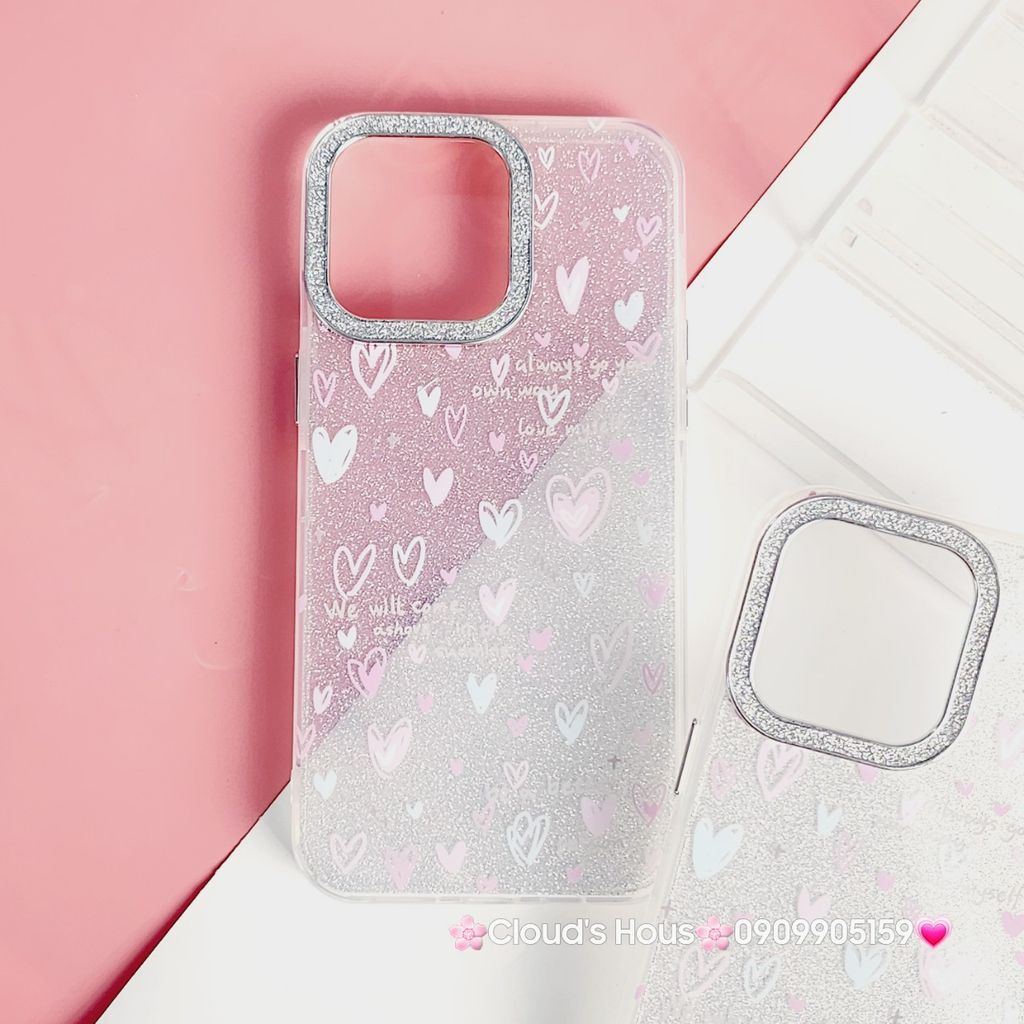 Case Ốp điện thoại iPhone Trái Tim nền Trong Bling Bling kèm Cường lực Camera lấp lánh iPhone 11/12/13/14/15/Pro/Promax