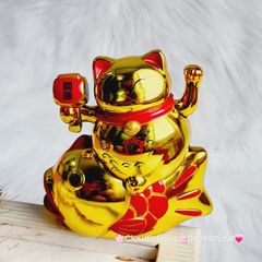 Mèo Thần Tài Mạ Vàng Cưỡi Cá Chép